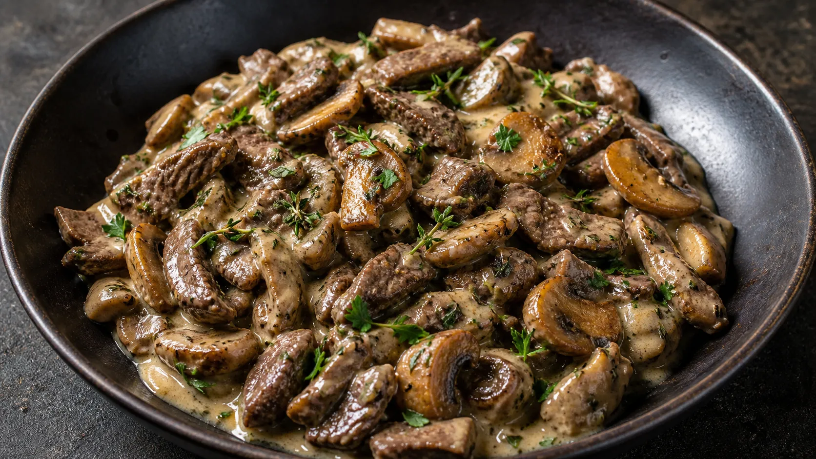 Dunkle Wildschweinstreifen mit gebratenen Champignonscheiben in heller Rahmsauce, bestreut mit Thymian und Petersilie
