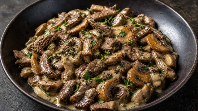Dunkle Wildschweinstreifen mit gebratenen Champignonscheiben in heller Rahmsauce, bestreut mit Thymian und Petersilie