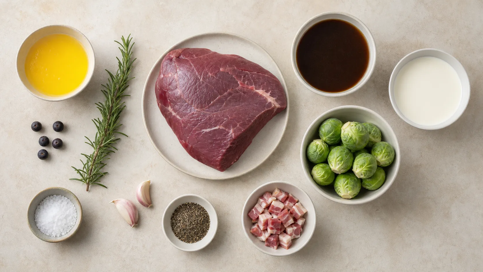 Zutaten für Keto-Wildschweinkeule: Fleischstück, Butterschmalz, Wacholderbeeren, Rosmarin, Knoblauch, Sahne, Rosenkohl und Speckwürfel