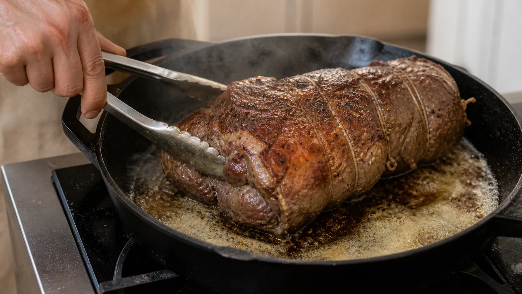 Wildschweinkeule wird in einer gusseisernen Pfanne in Butterschmalz rundum scharf angebraten