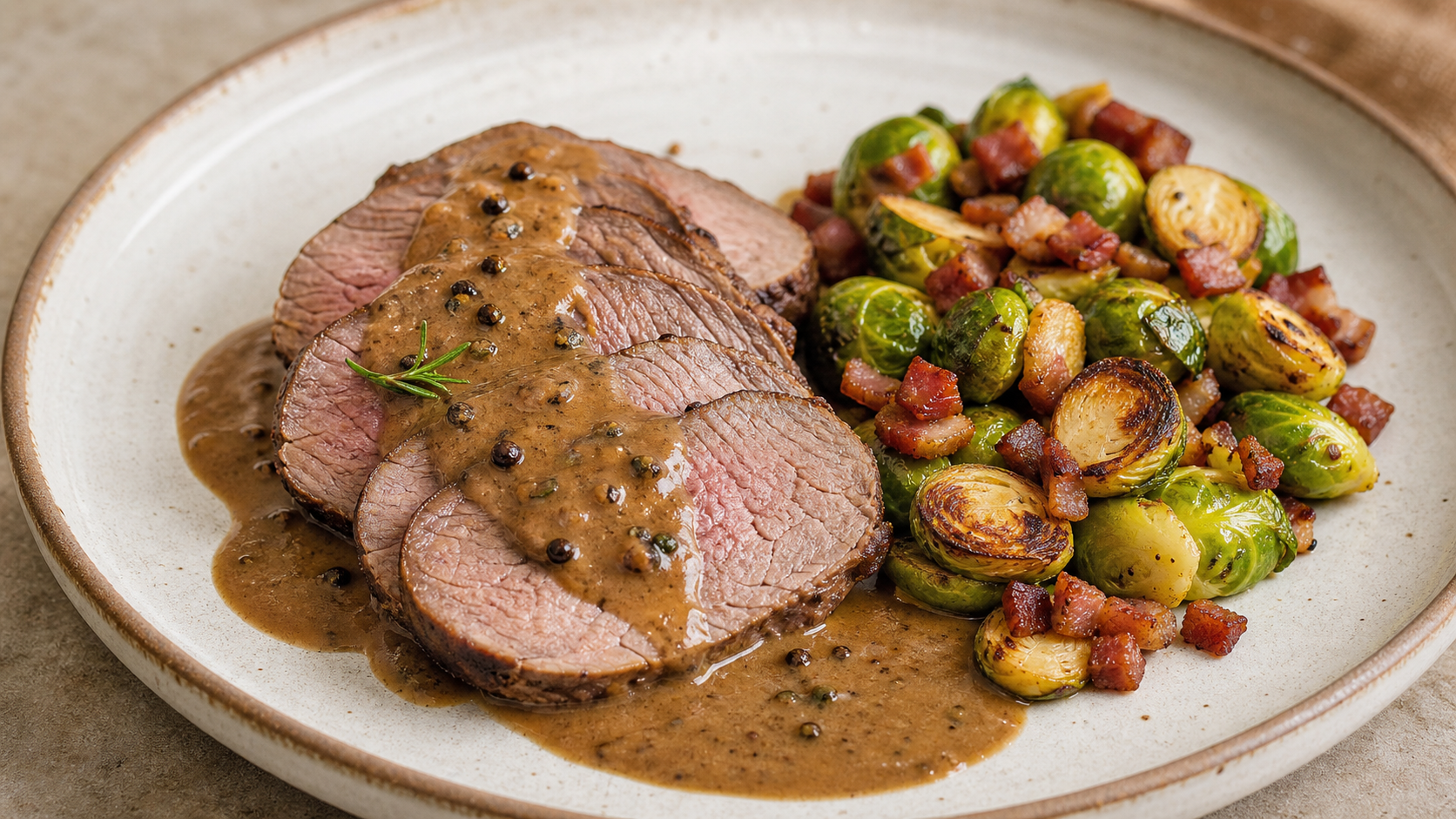 Aufgeschnittene rosa Wildschweinkeule mit dunkler Wacholderrahmsauce und Rosenkohl mit Speckwürfeln auf einem Teller