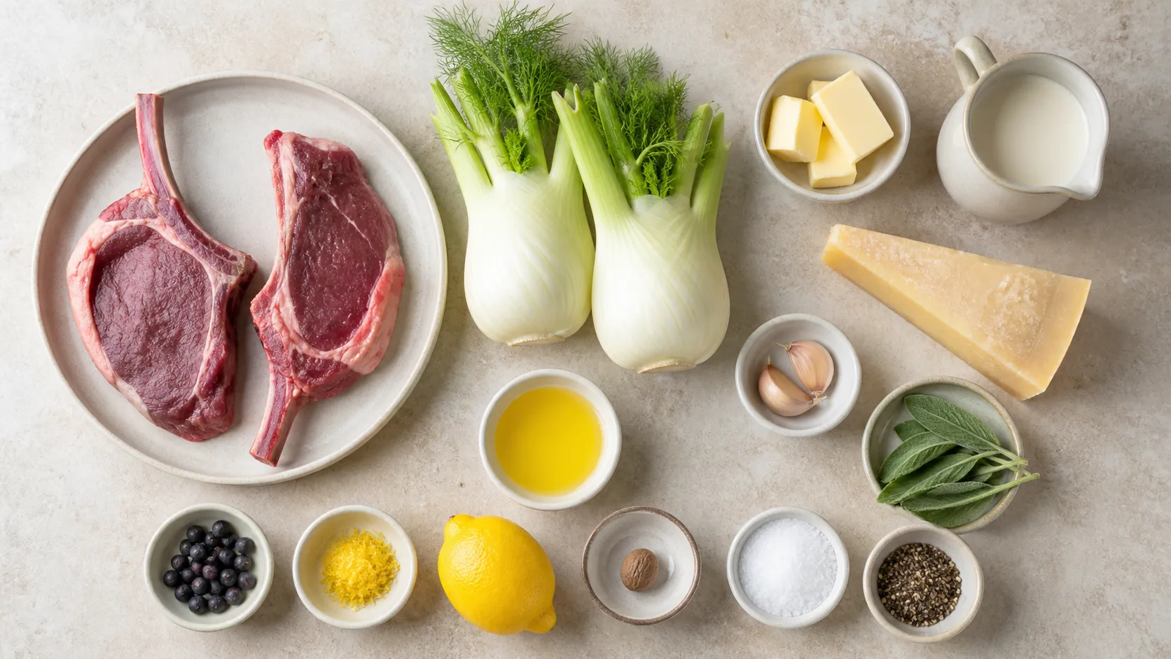 Zutaten für Keto-Wildschweinkoteletts: zwei rohe Wildschweinkoteletts mit Knochen, zwei Fenchelknollen, Butter, Sahne, Parmesan, Knoblauchzehen, frische Salbeiblätter, Wacholderbeeren und Zitrone