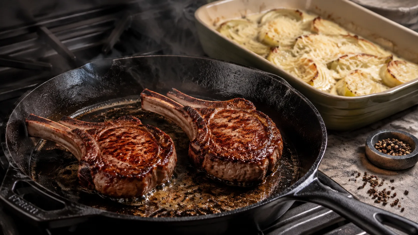 Zwei Wildschweinkoteletts braten in einer schweren Pfanne in Butterschmalz mit dunkler Kruste, im Hintergrund eine Auflaufform mit Fenchelspalten in Sahne