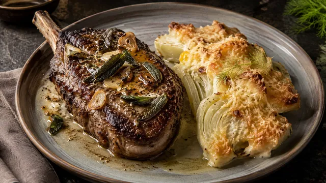 Gebratenes Wildschweinkotelett mit dunkler Kruste auf einem Teller, darauf schmelzende Salbei-Knoblauchbutter mit knusprigen Salbeiblättern, daneben ein Stück goldbraun überbackenes Fenchel-Parmesan-Gratin