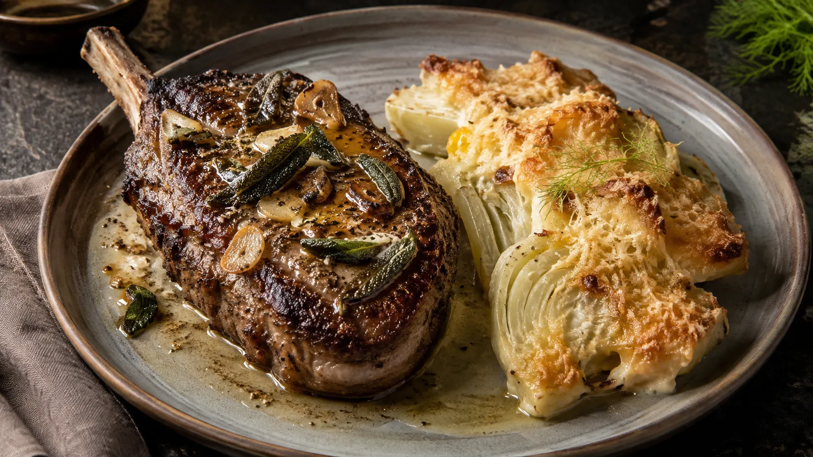 Gebratenes Wildschweinkotelett mit dunkler Kruste auf einem Teller, darauf schmelzende Salbei-Knoblauchbutter mit knusprigen Salbeiblättern, daneben ein Stück goldbraun überbackenes Fenchel-Parmesan-Gratin