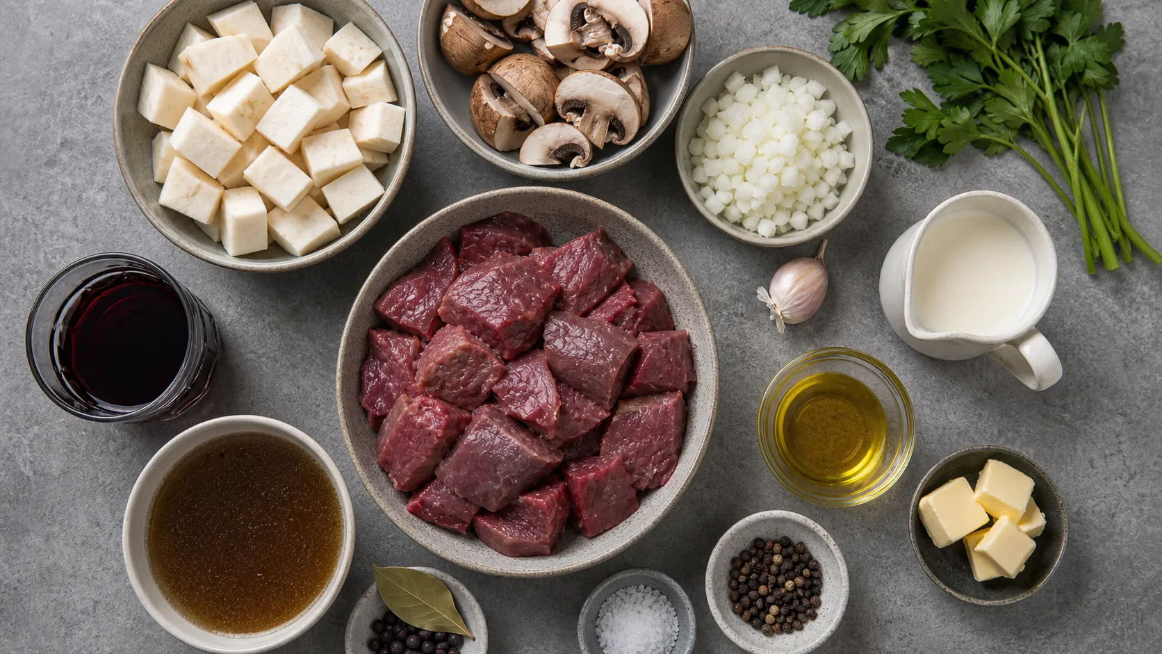 Zutaten für Keto-Wildschweinragout: Wildschweingulasch, Knollensellerie, Champignons, Rotwein, Wacholder und Sahne