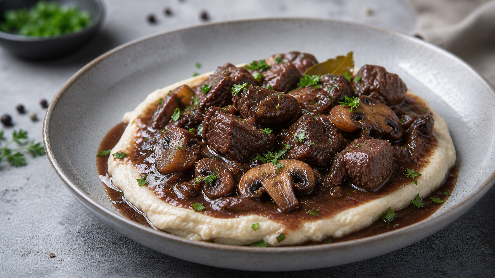 Keto-Wildschweinragout in dunkler Rotweinsauce auf cremigem Selleriepüree mit Petersilie
