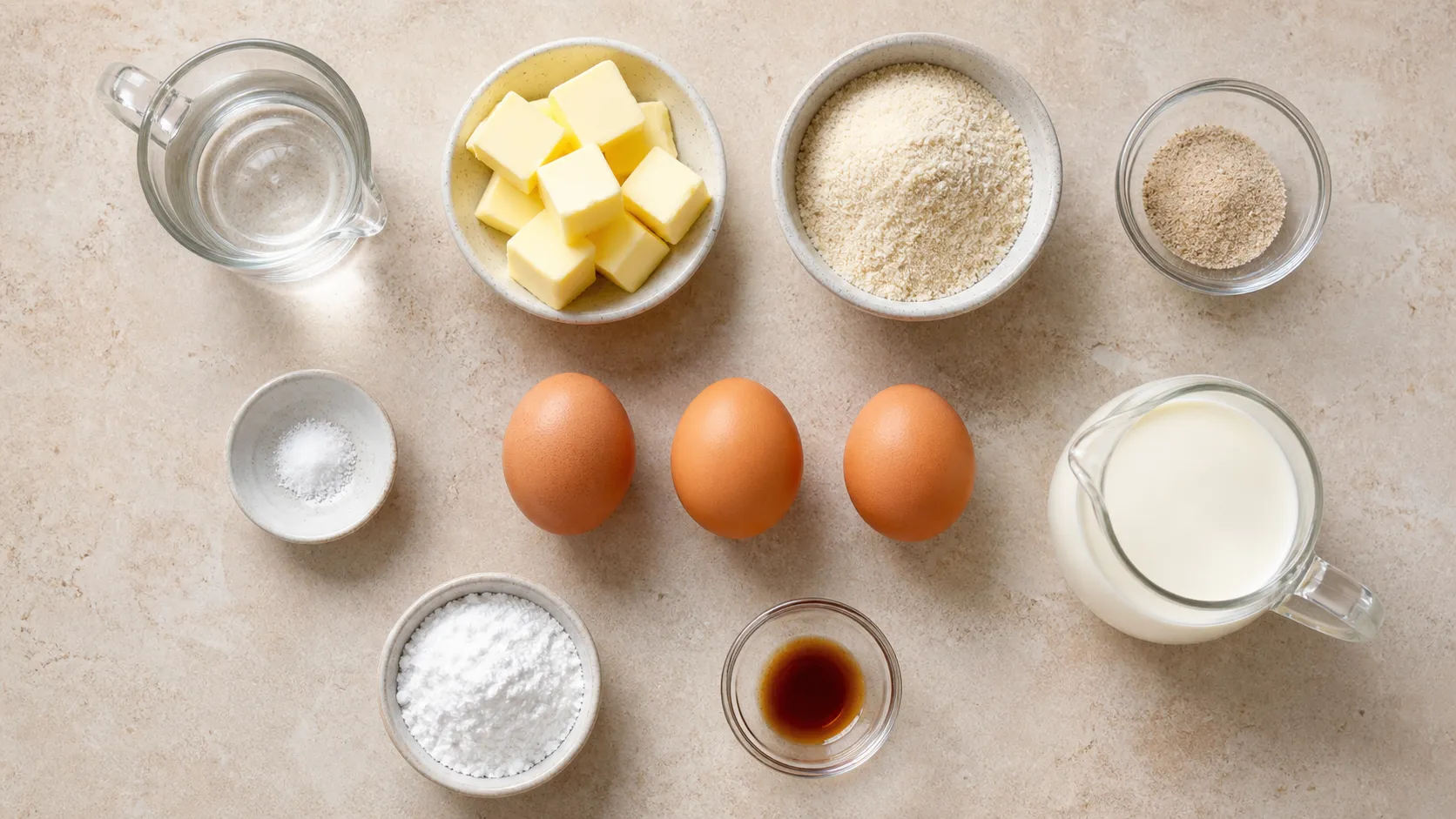 Zutaten für Keto-Brandteig: Butter, Wasser, Mandelmehl, gemahlene Flohsamenschalen, Eier, Sahne und Erythrit