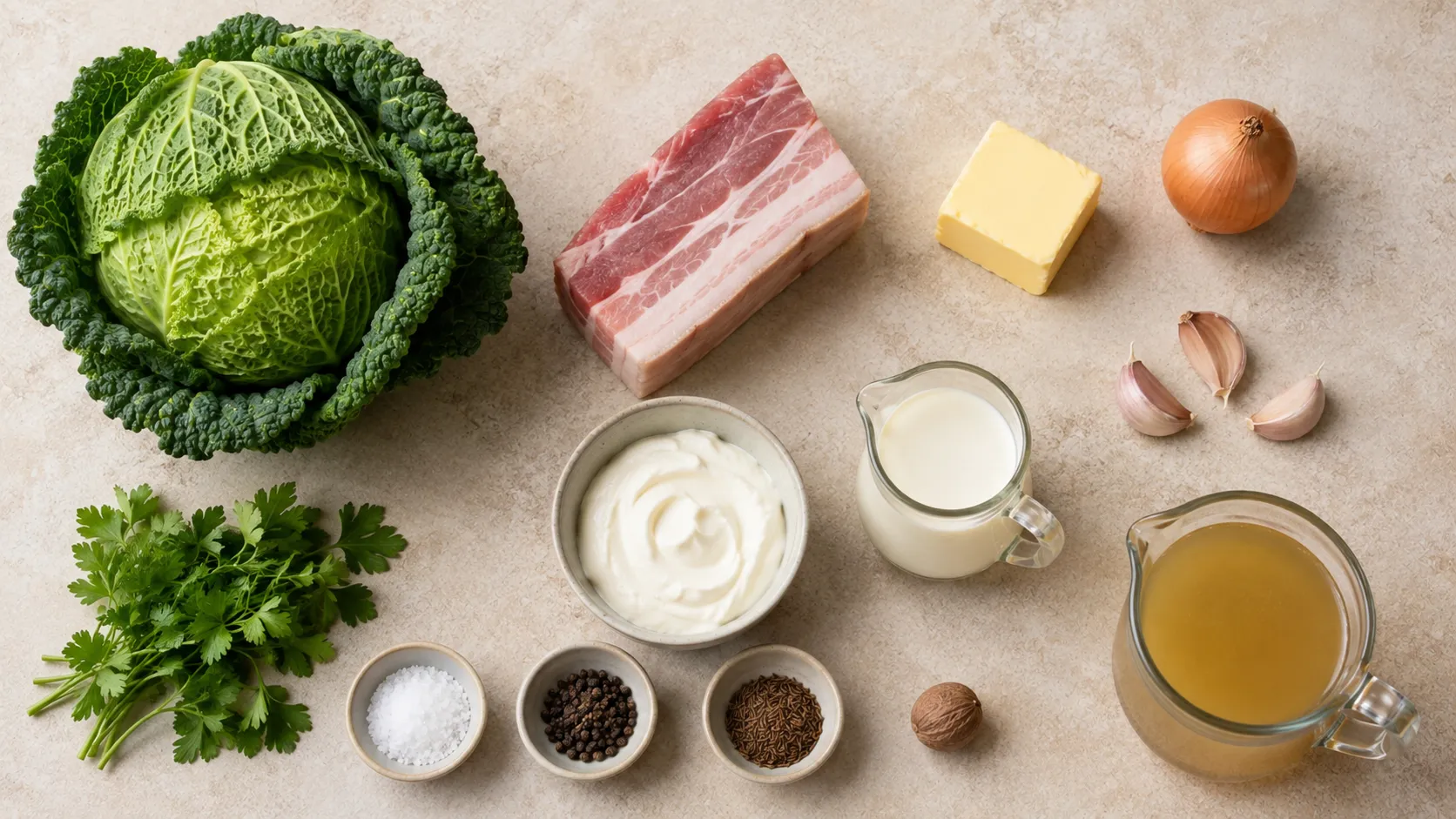 Zutaten: ein Wirsingkopf, Bauchspeck am Stück, Butter, Zwiebel, Knoblauch, Sahne, Crème fraîche und eine Muskatnuss