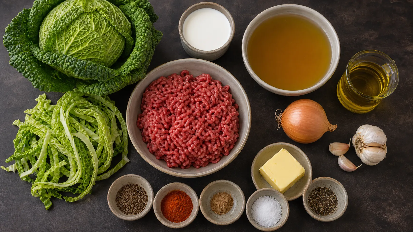 Zutaten für Keto Wirsing-Hackfleisch-Pfanne: Wirsing, Rinderhack, Zwiebel, Knoblauch, Sahne und Butter