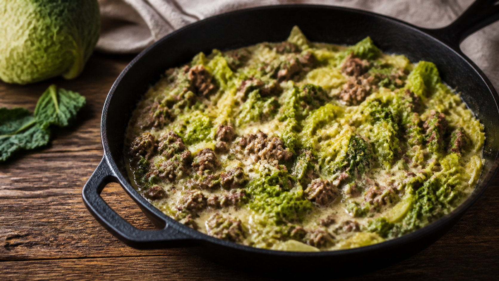 Deftige Keto Wirsing-Hackfleisch-Pfanne mit Sahne in einer gusseisernen Pfanne