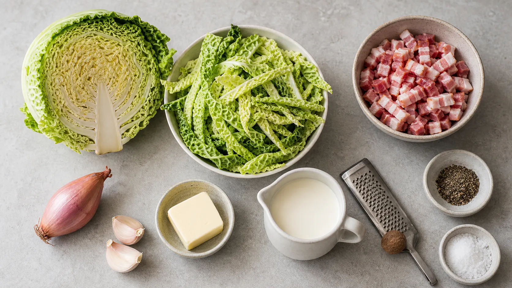 Zutaten für Wirsing-Rahmgemüse mit Speck: Wirsing, Speckwürfel, Sahne, Butter, Schalotte, Knoblauch, Muskat, Salz und Pfeffer