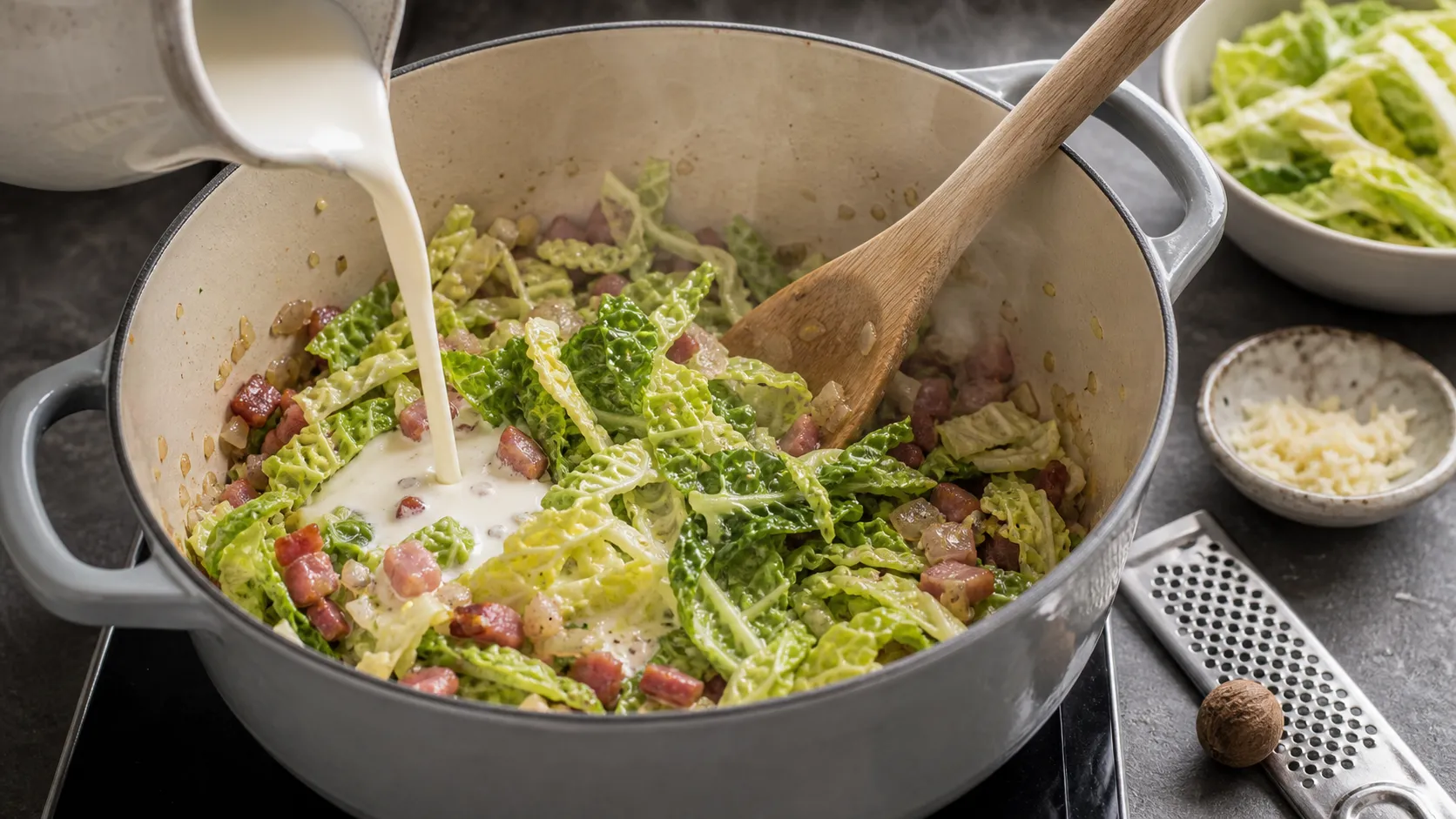 Wirsingstreifen werden mit Speck, Schalotte, Knoblauch und Sahne in einem Topf geschmort