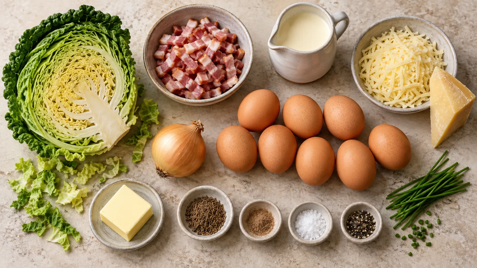 Zutaten für die Keto-Wirsing-Frittata: Wirsing, durchwachsener Speck, Eier, Sahne, Bergkäse und Zwiebeln