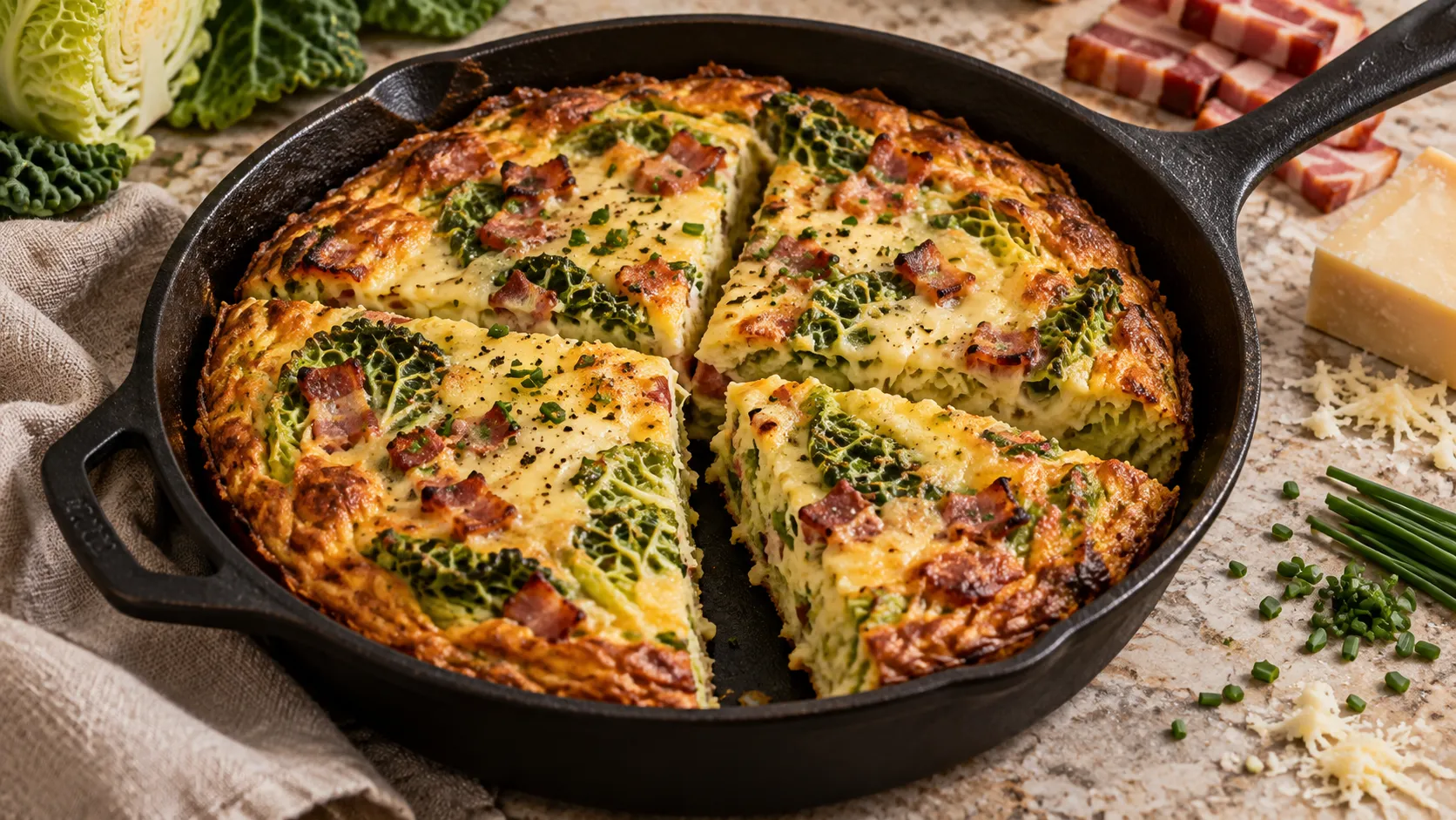 Keto-Wirsing-Frittata mit Speck und Bergkäse in der Pfanne, in Stücke geschnitten
