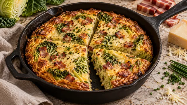 Keto-Wirsing-Frittata mit Speck und Bergkäse in der Pfanne, in Stücke geschnitten