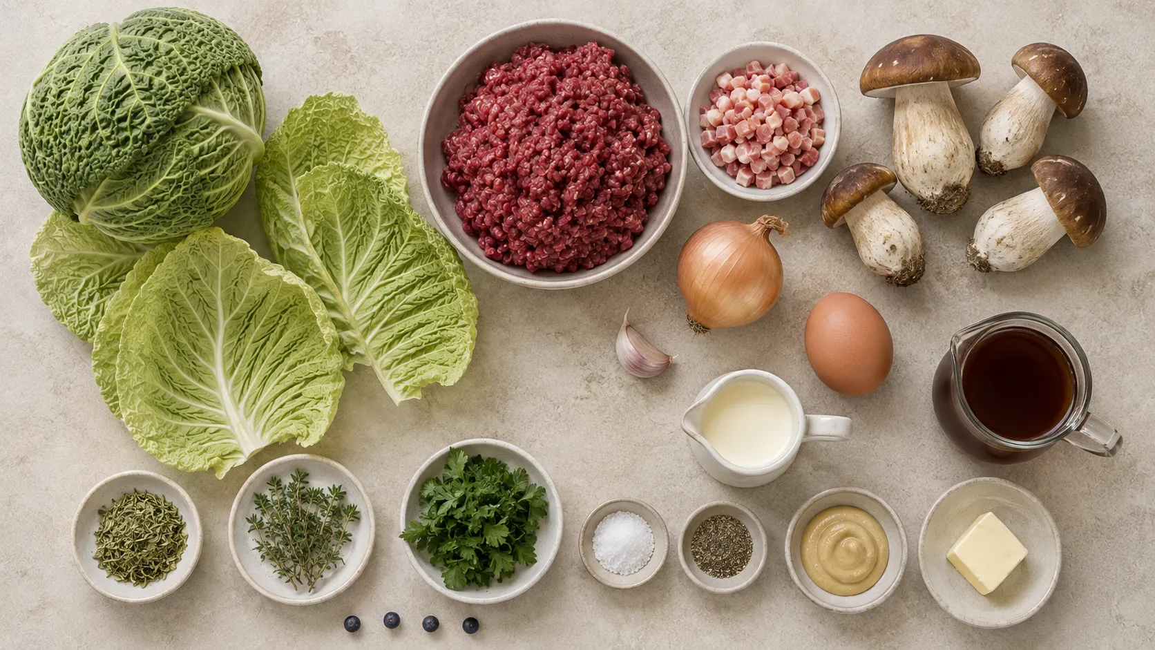 Zutaten für Keto-Wirsingrouladen: ein Kopf Wirsing, Wildhackfleisch, Speckwürfel, frische Steinpilze, Zwiebel, Ei, Sahne, Wacholderbeeren und Thymian