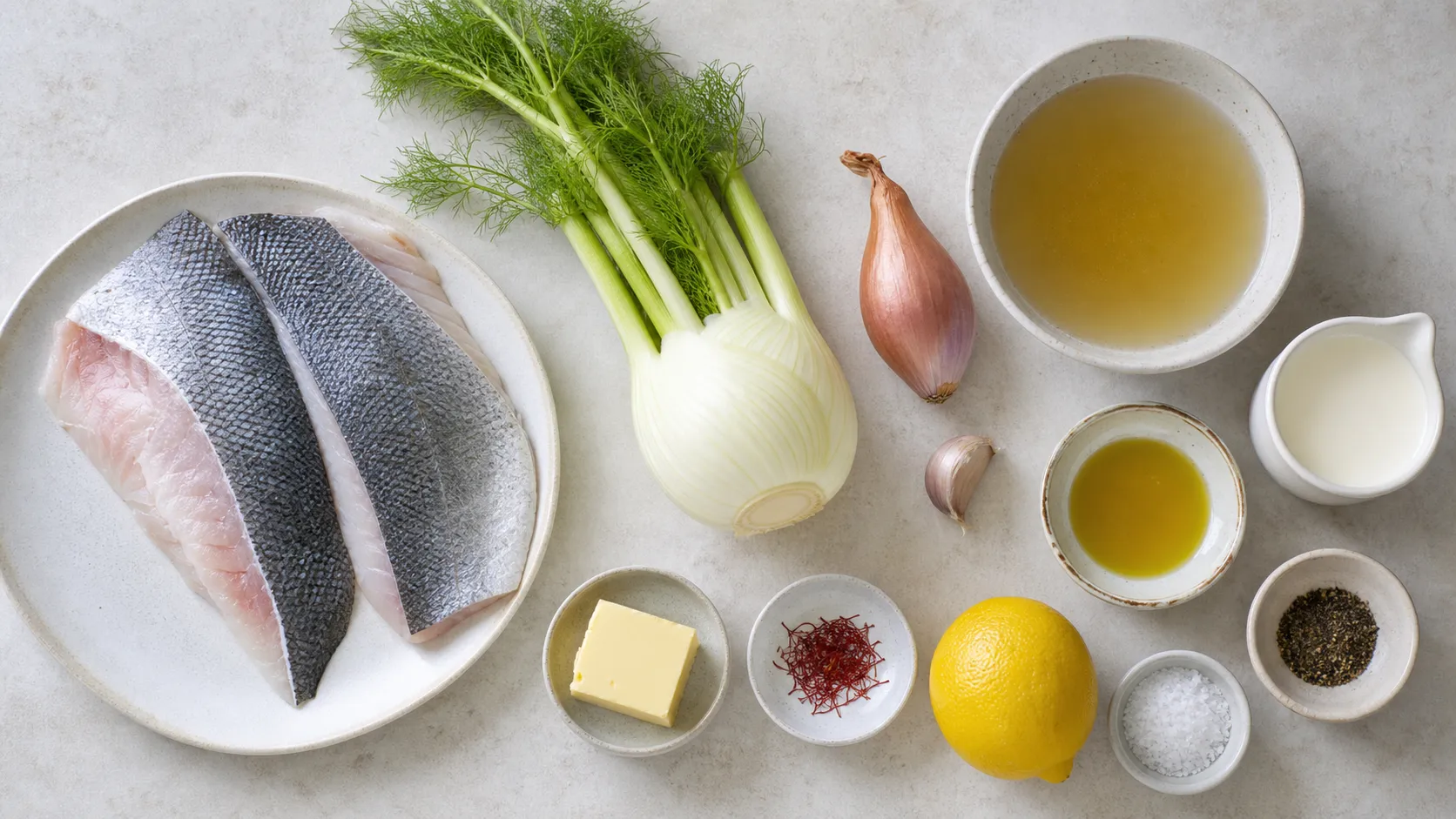 Zutaten für Keto-Wolfsbarsch mit Fenchel, Schalotte, Safran, Sahne und Wolfsbarschfilets