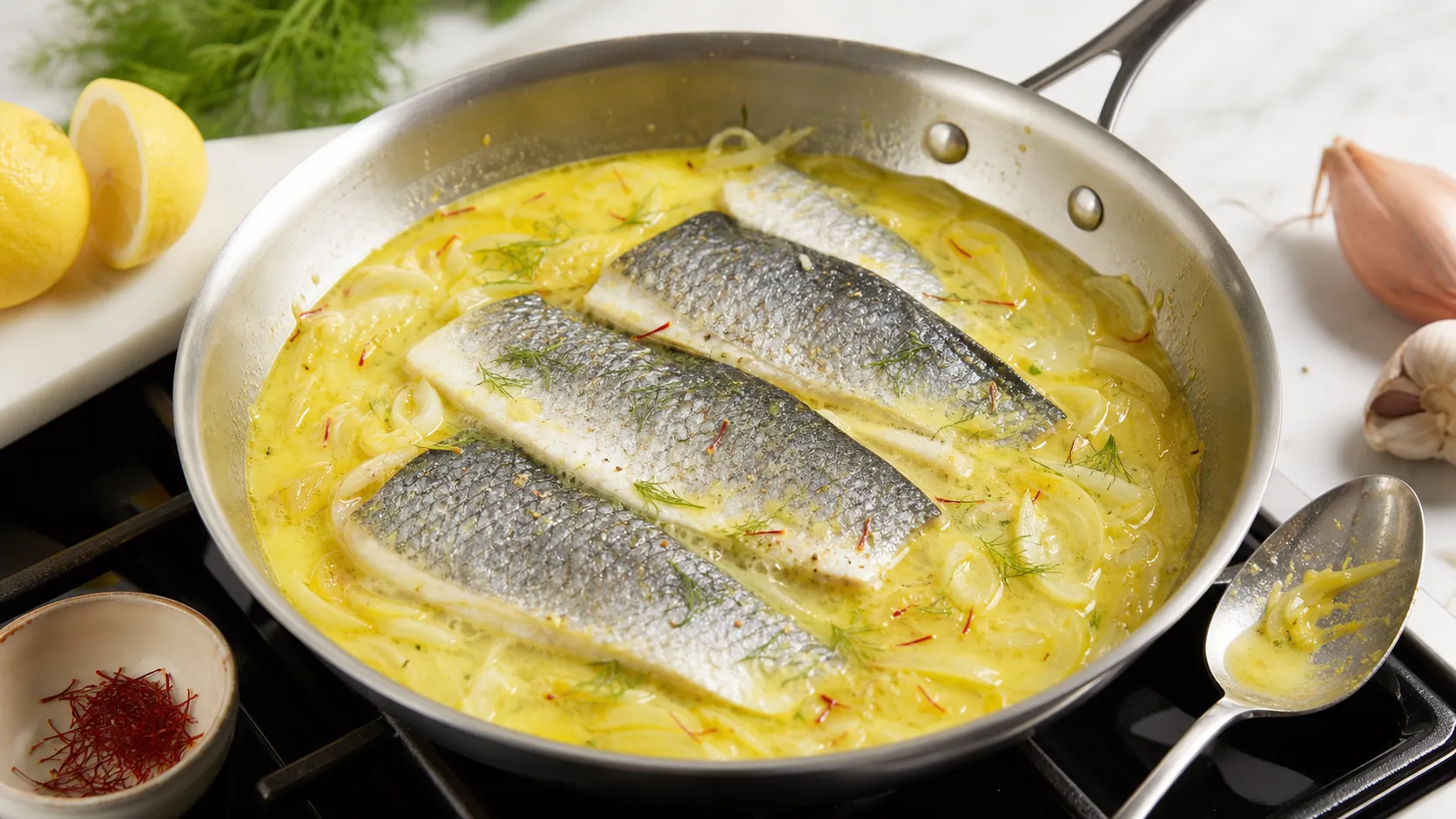 Fenchel schmort in cremigem Safran-Sud, darauf gart das Wolfsbarschfilet mit der Haut nach oben