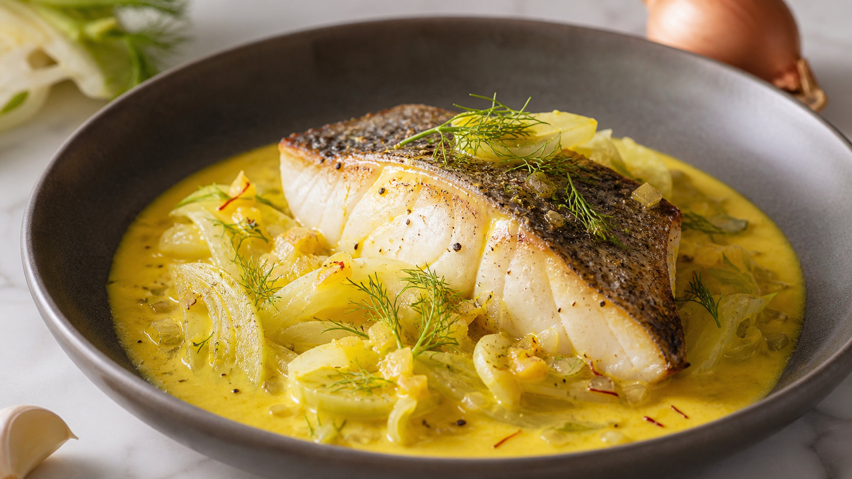 Keto-Wolfsbarschfilet auf Fenchel in cremigem Safran-Sud mit Fenchelgrün in einem tiefen Teller