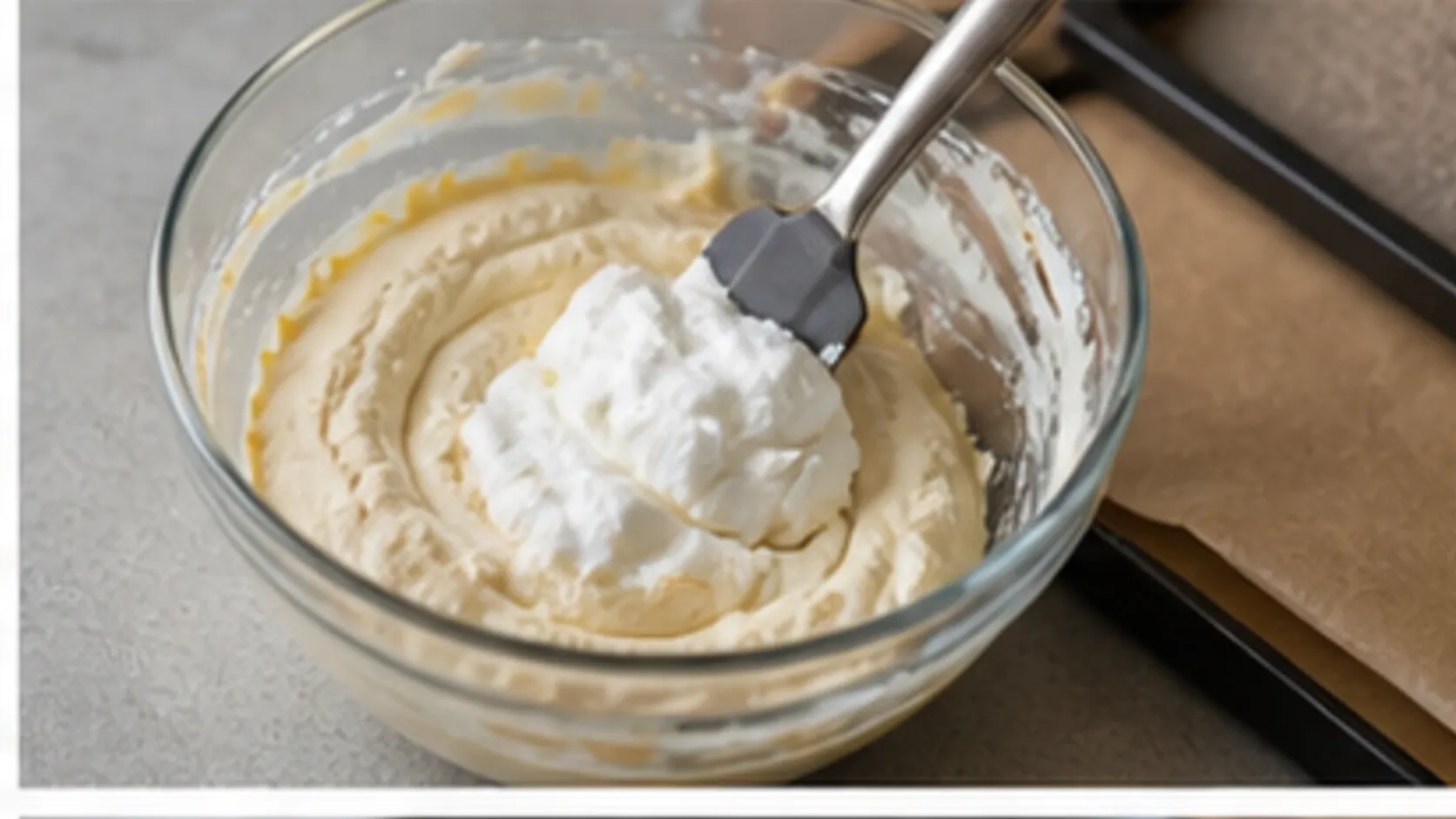 Eischnee wird vorsichtig unter Eigelb und Frischkäse für Keto-Wolkenbrot gehoben