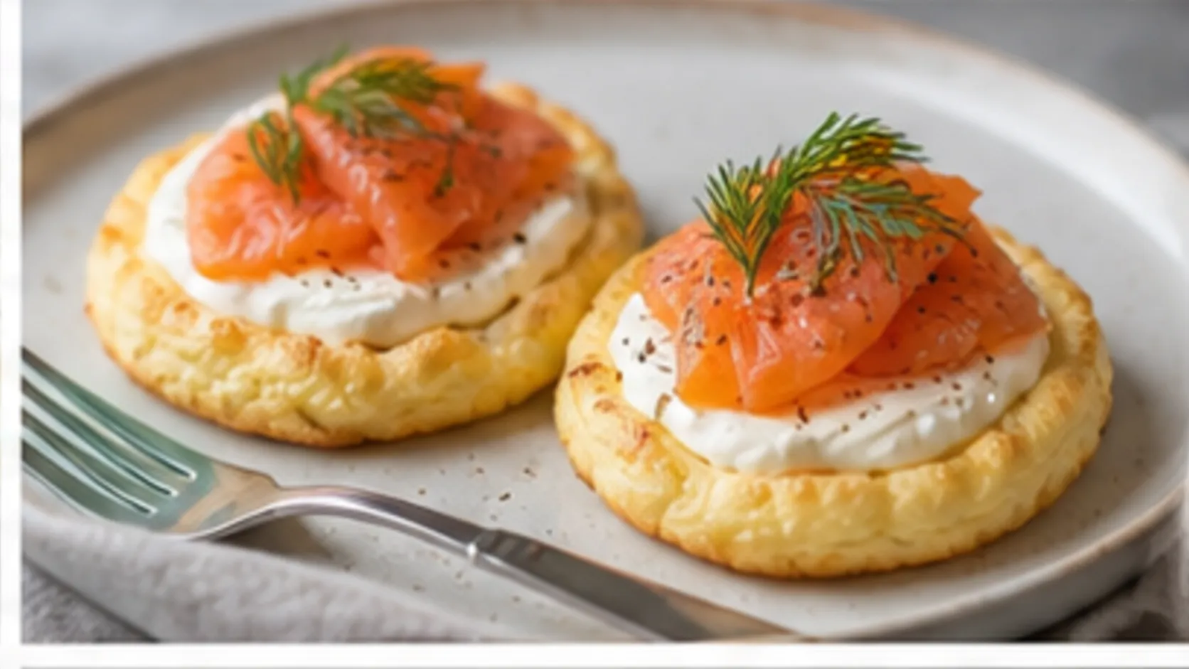 Keto-Wolkenbrot mit Frischkäse, Räucherlachs und frischem Dill auf einem Teller