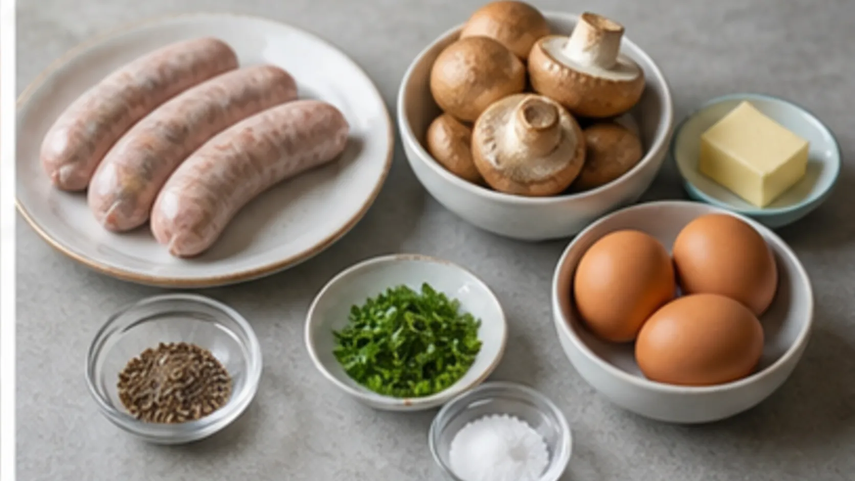 Zutaten für Keto-Wurstpfanne mit Bratwurst, braunen Champignons, Eiern, Butter und Petersilie