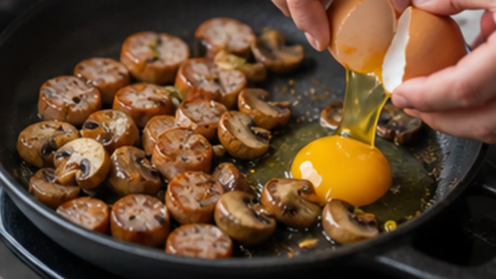 Ein Ei wird zu gebratener Bratwurst und Champignons in eine Pfanne gegeben