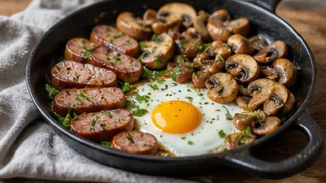 Keto-Wurstpfanne mit gebratener Bratwurst, Champignons und Spiegelei mit flüssigem Eigelb