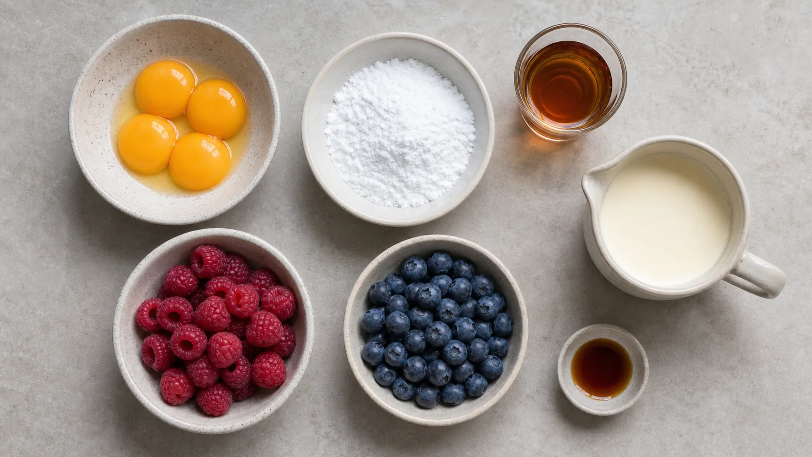 Zutaten für Keto-Zabaione: Eigelbe, Erythrit, Marsala, Sahne und frische Beeren