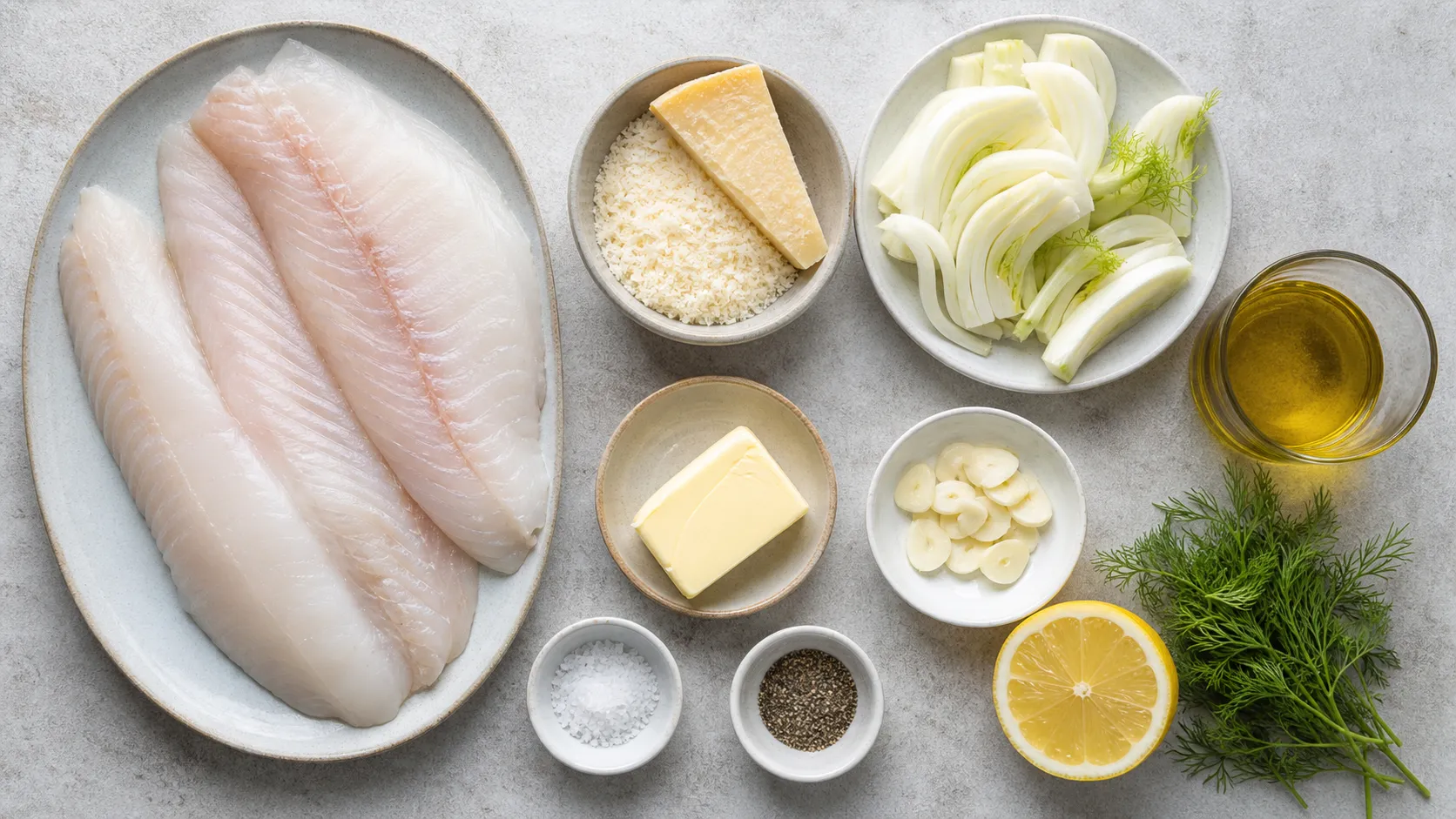 Zutaten für Keto Zanderfilet mit Parmesan-Kruste und Fenchel als Flatlay