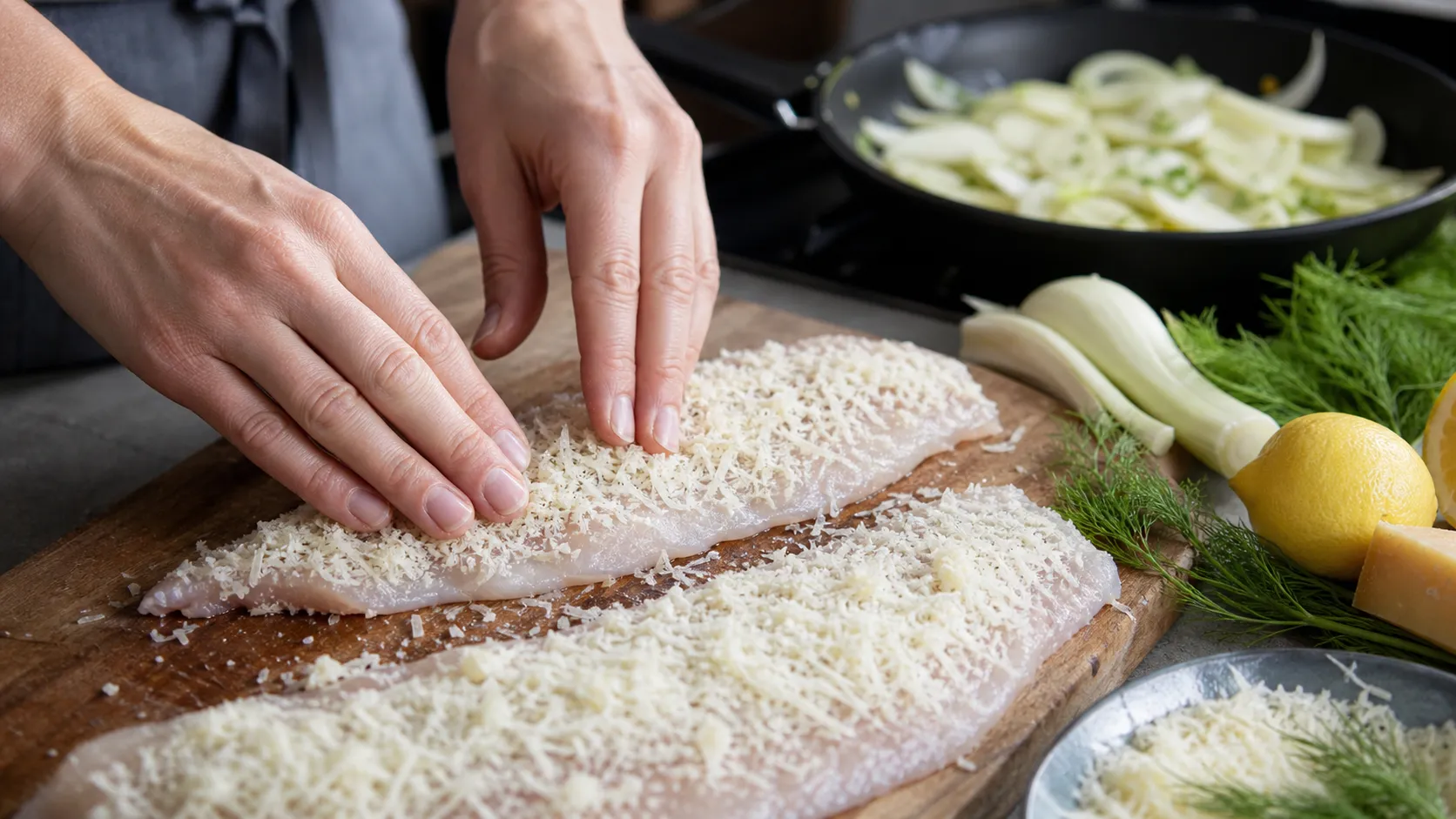 Zanderfilet wird für die Keto Parmesan-Kruste mit Käse bedeckt