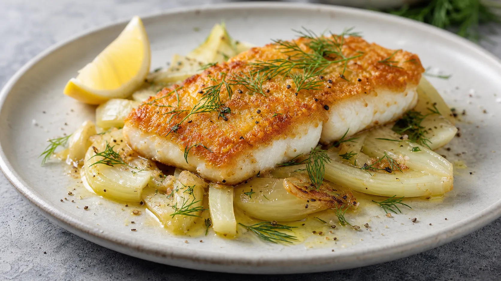 Keto Zanderfilet mit goldbrauner Parmesan-Kruste auf geschmortem Fenchel