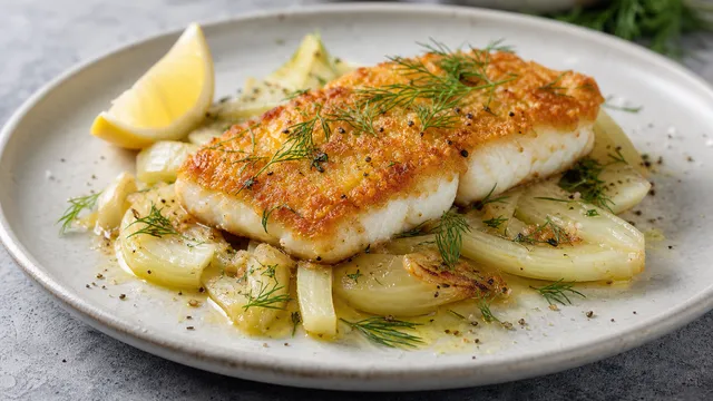 Keto Zanderfilet mit goldbrauner Parmesan-Kruste auf geschmortem Fenchel