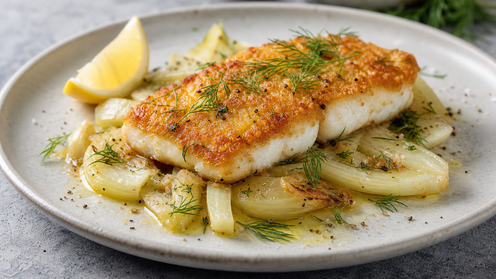 Keto Zanderfilet mit goldbrauner Parmesan-Kruste auf geschmortem Fenchel