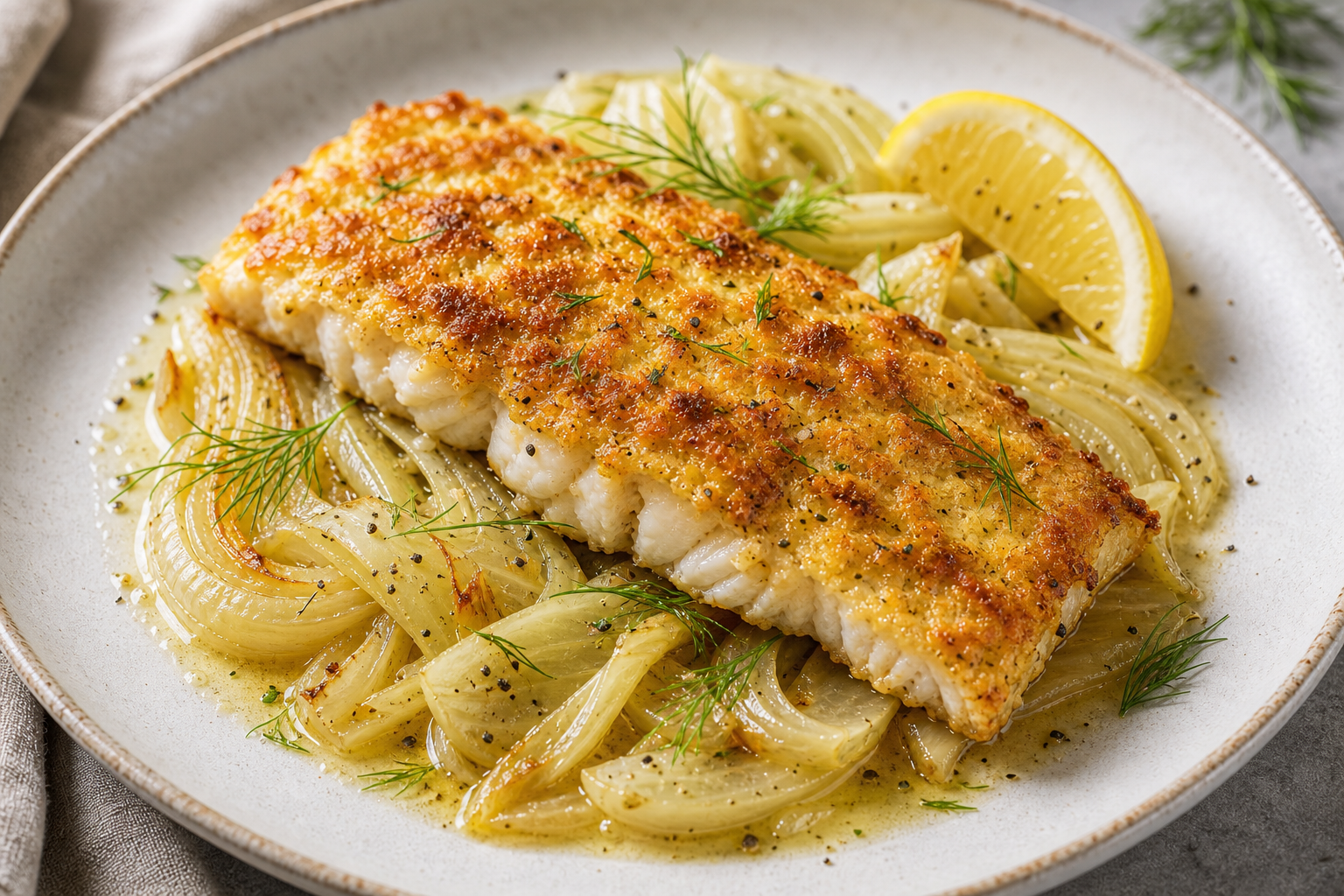Keto Zanderfilet mit goldbrauner Parmesan-Kruste auf geschmortem Fenchel in einer Pfanne