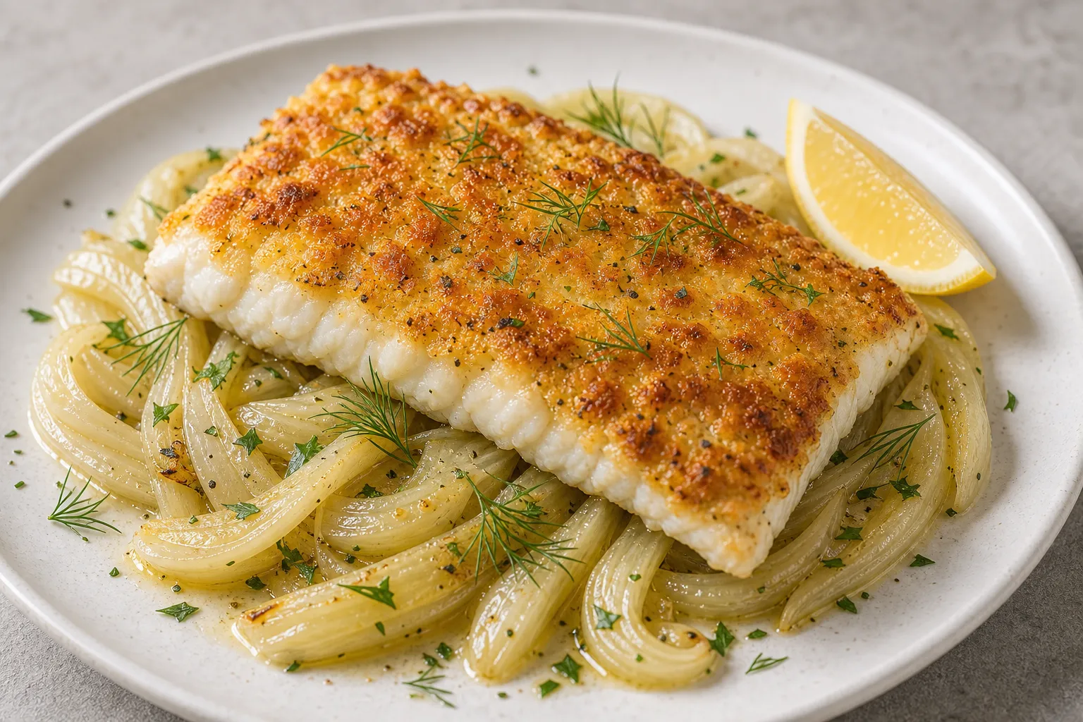 Fertiges Zanderfilet auf einem Bett aus geschmortem Fenchel auf einem weißen Teller