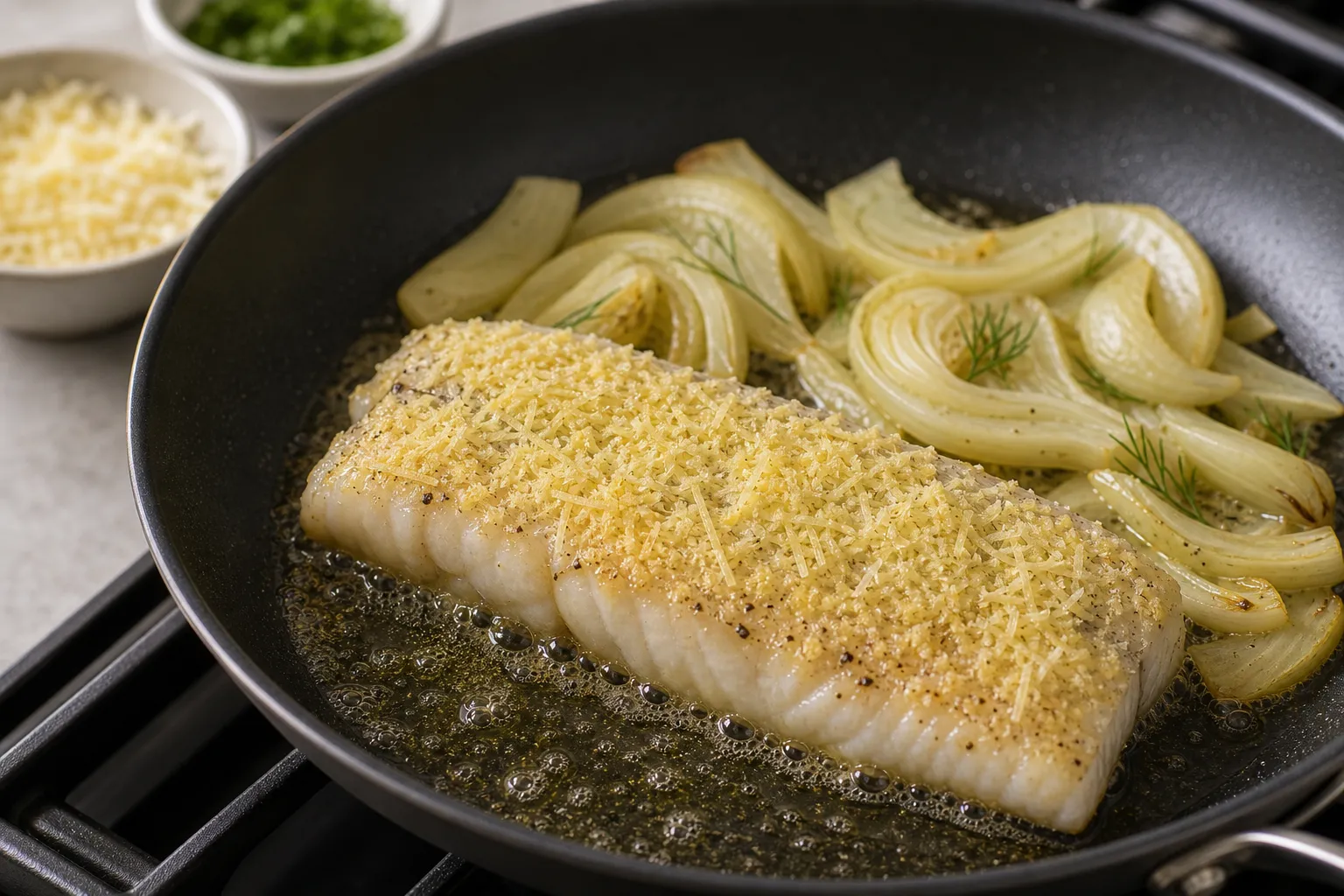 Zanderfilet mit Parmesan bestreuen und in Olivenöl anbraten