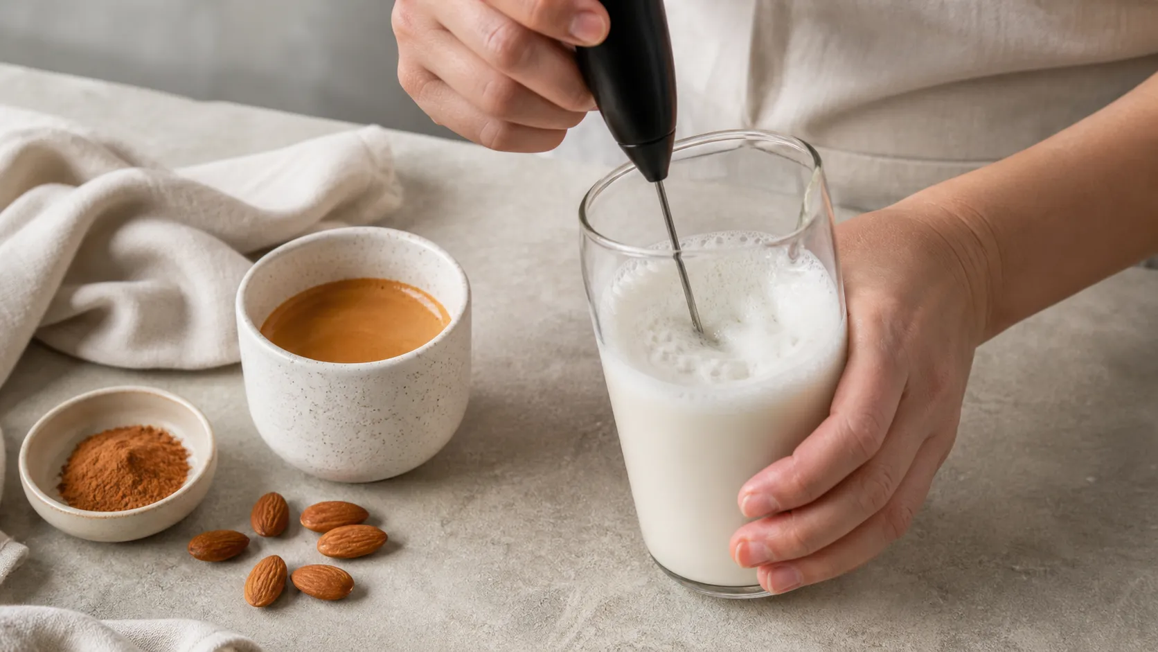 Mandeldrink wird mit einem Milchaufschäumer zu festem Schaum geschlagen, daneben steht heißer Espresso