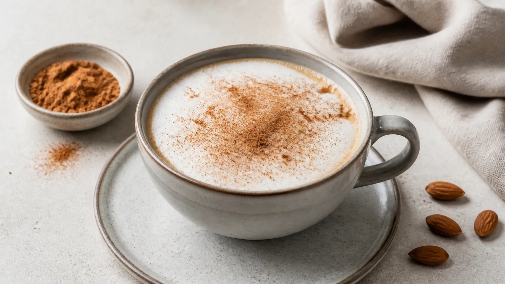 Tasse Keto-Cappuccino mit dichtem Milchschaum aus Mandeldrink und aufgestreutem Zimt