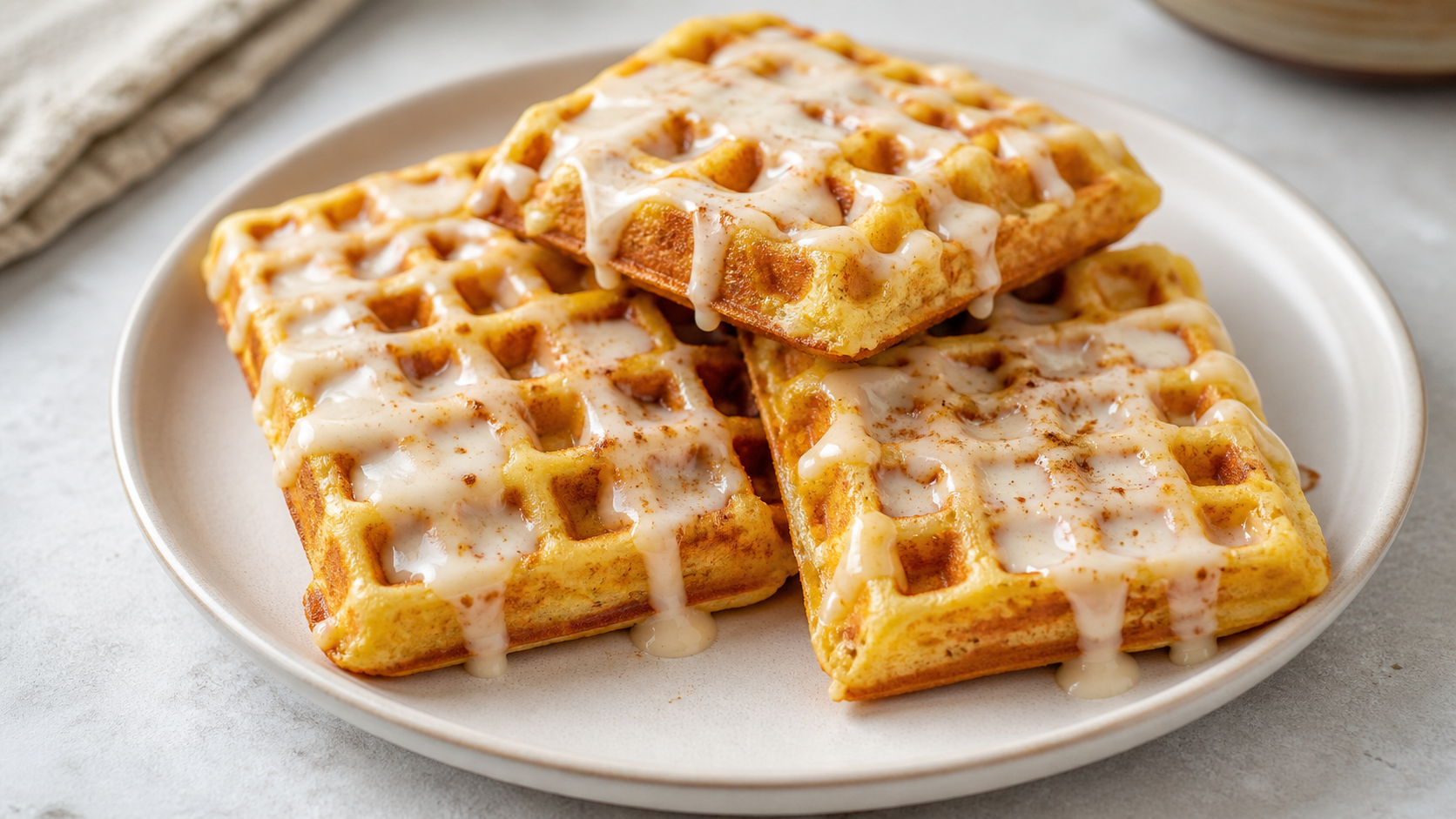 Vier süße Zimt-Chaffles mit weißem Frischkäse-Guss auf einem Teller