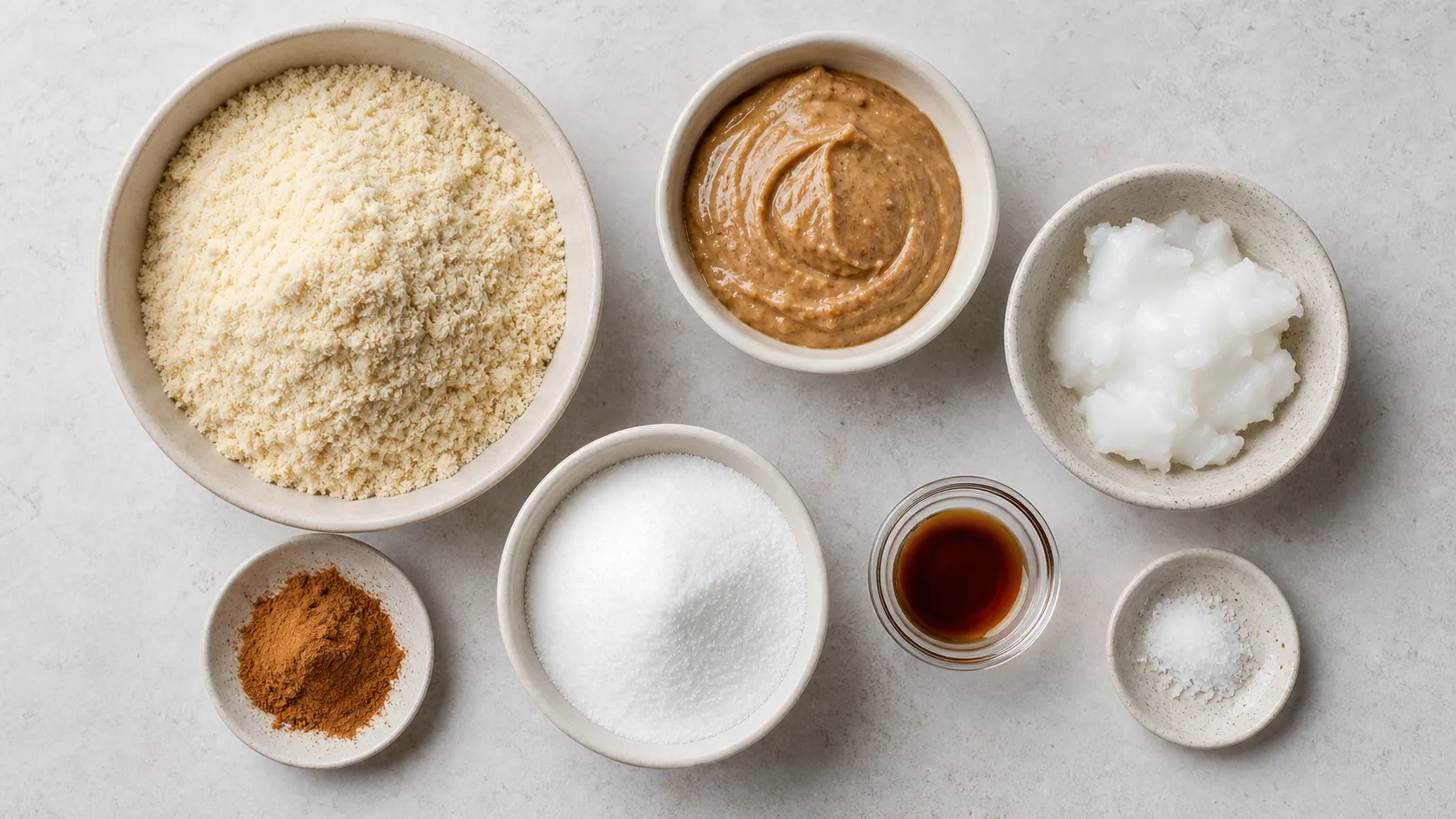 Zutaten für Keto Zimt-Mandel-Kugeln als sauberes Flatlay