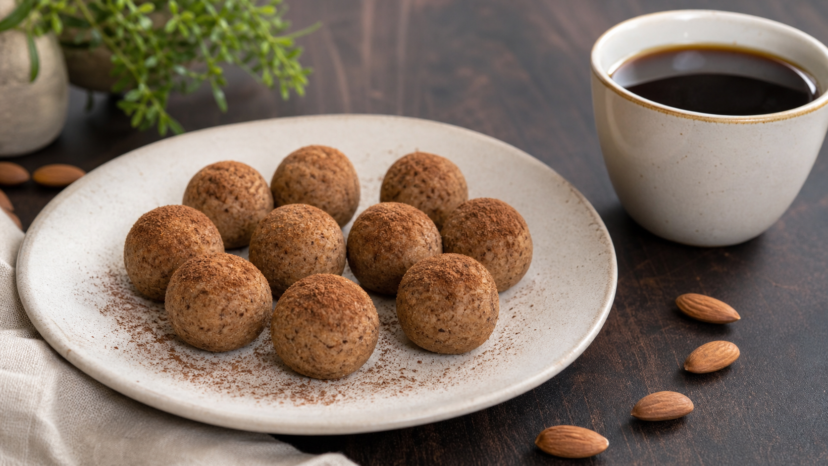 Keto Zimt-Mandel-Kugeln ohne Zucker auf einem Teller zur Kaffeepause