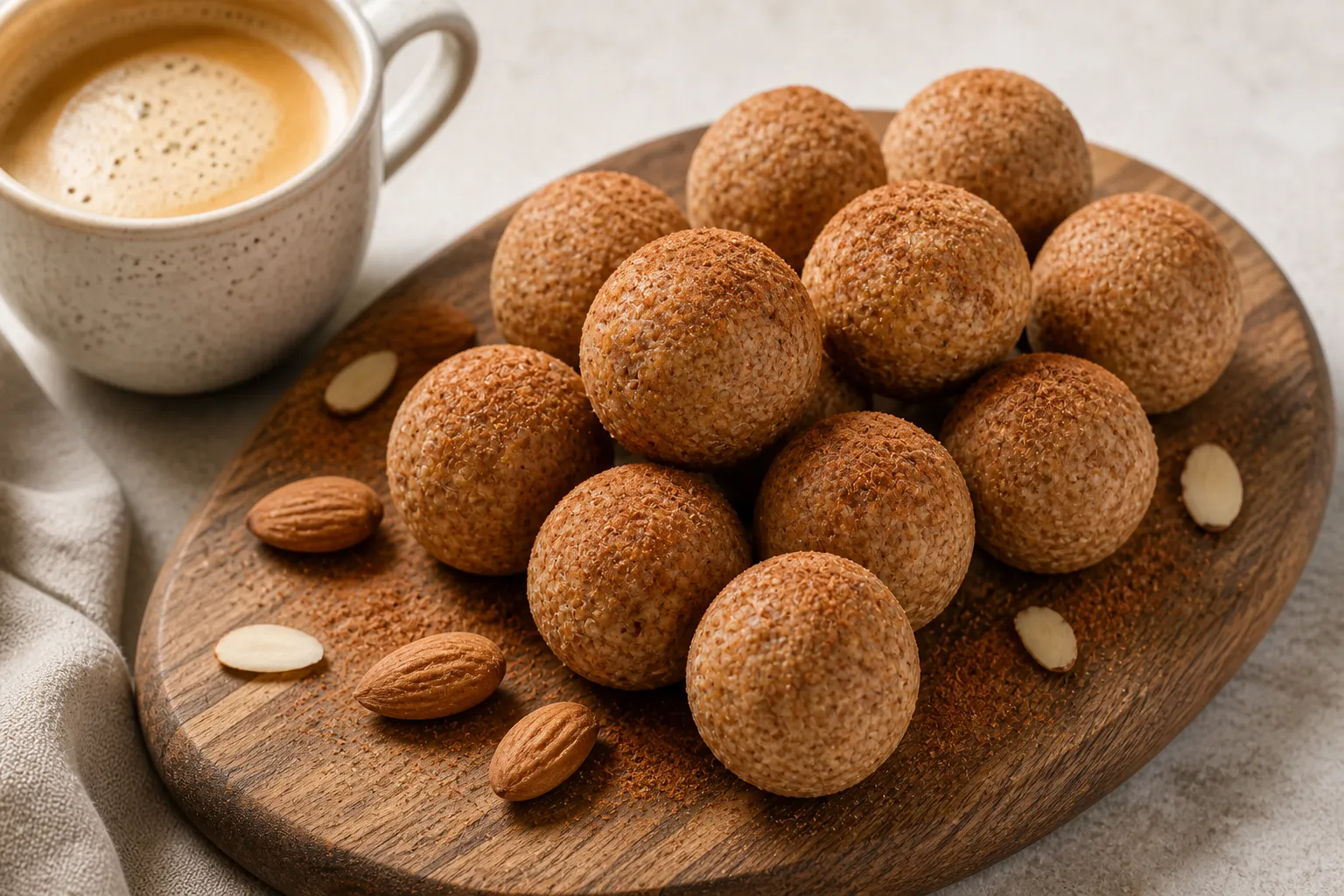 Keto Zimt-Mandel-Kugeln auf einem Holzbrettchen neben einer Tasse Kaffee, bestäubt mit Zimt
