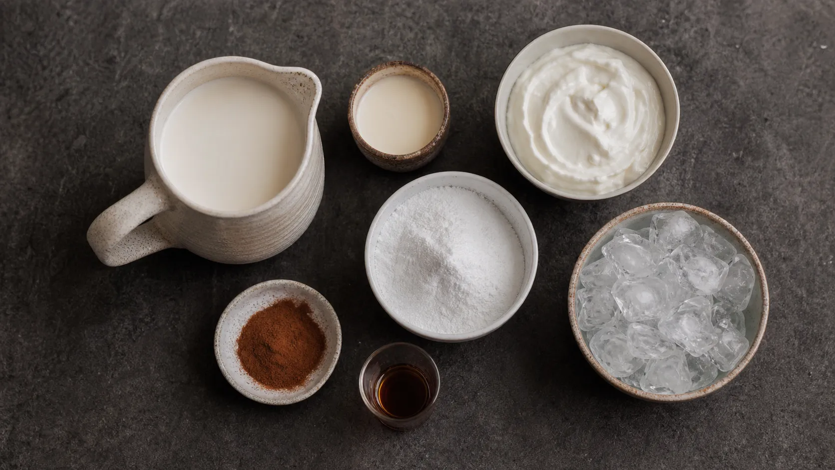 Zutaten für Keto-Zimt-Vanille-Milchshake: Mandelmilch, Sahne, Joghurt, Zimt, Vanille und Erythrit