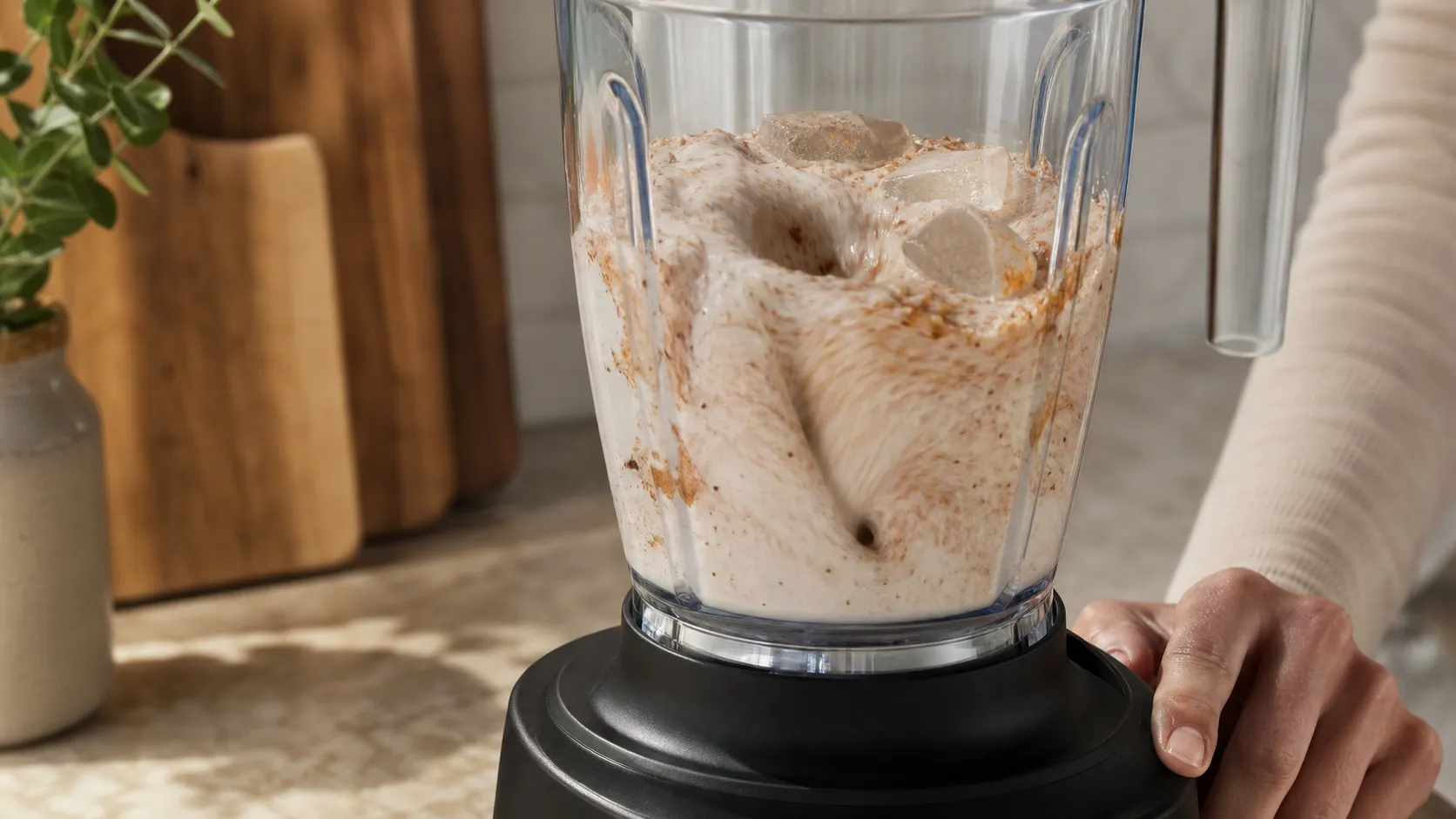 Zutaten für den Milchshake werden mit Eiswürfeln im Mixer püriert
