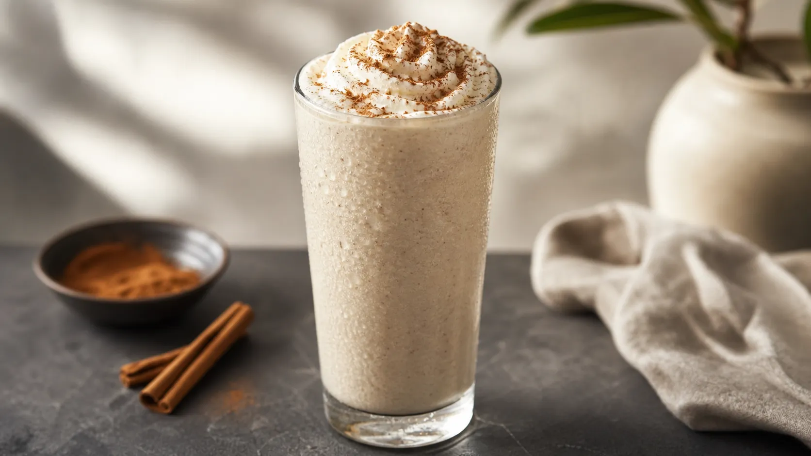 Cremiger Keto-Zimt-Vanille-Milchshake im Glas mit Zimt bestäubt und Sahnehaube