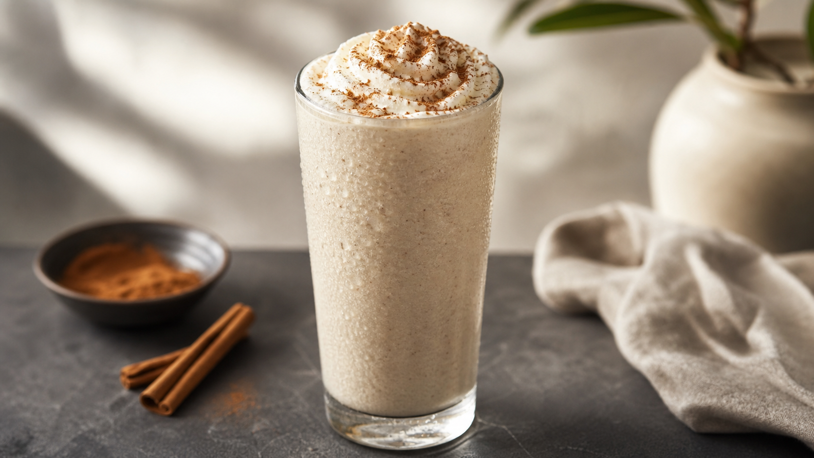 Cremiger Keto-Zimt-Vanille-Milchshake im Glas mit Zimt bestäubt und Sahnehaube