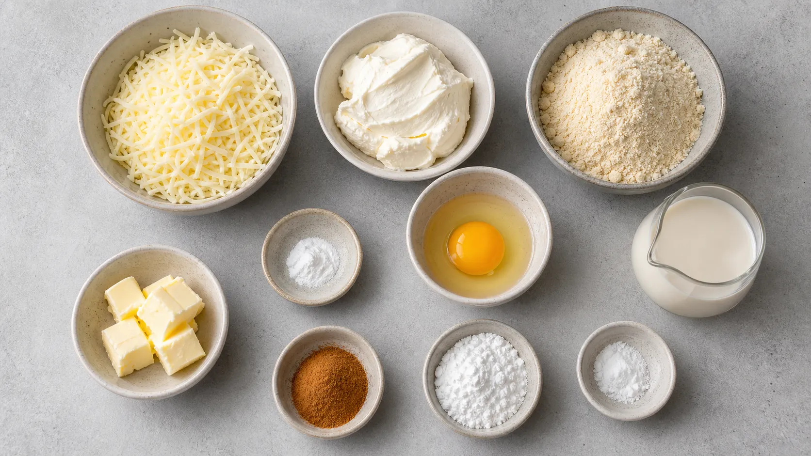 Zutaten für Keto-Zimtschnecken: Mandelmehl, Mozzarella, Frischkäse, Eier, Zimt und Erythrit