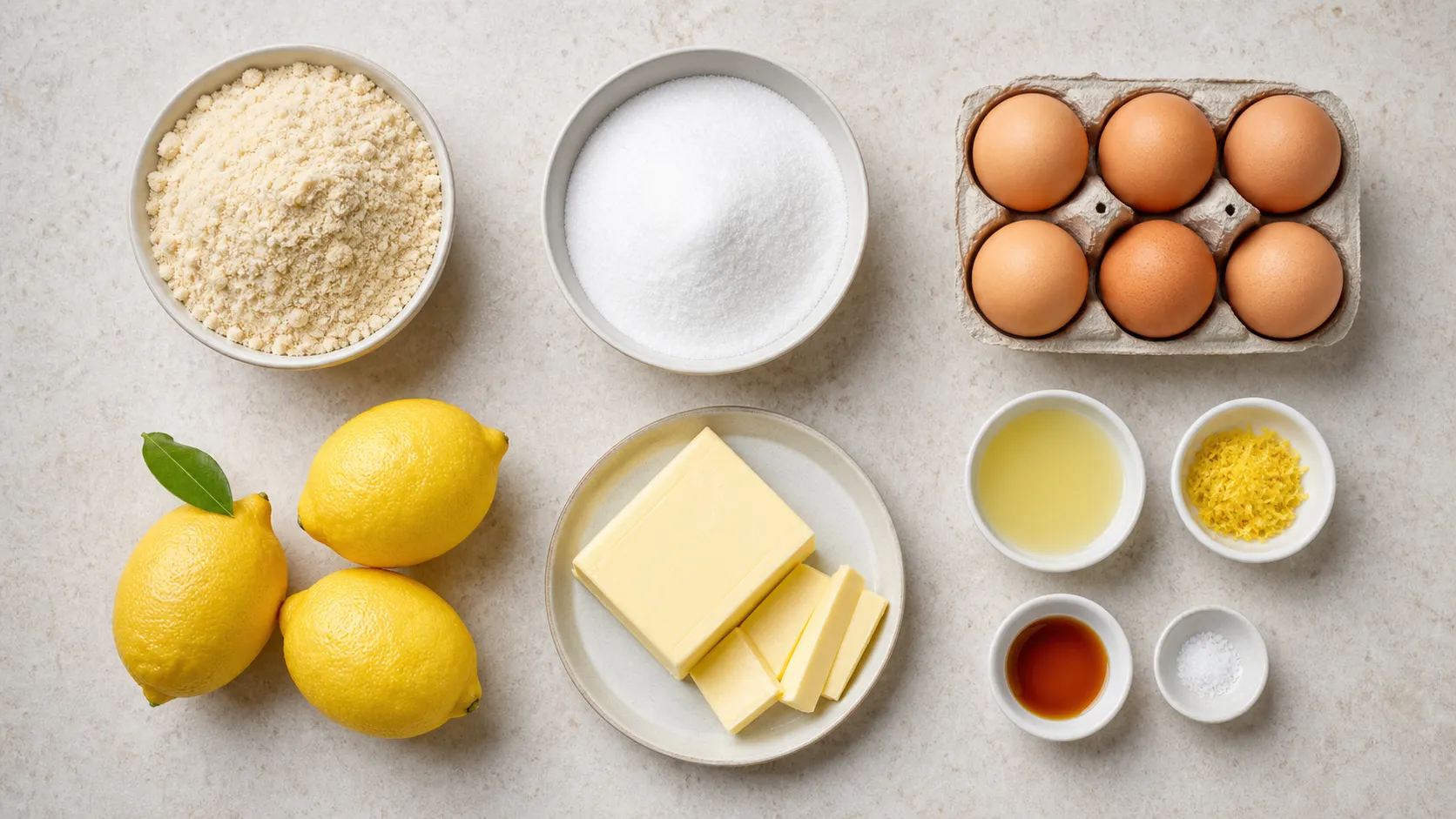 Zutaten für Keto Zitronen-Baiser-Törtchen: Zitronen, Eier, Butter, Mandelmehl und Erythrit